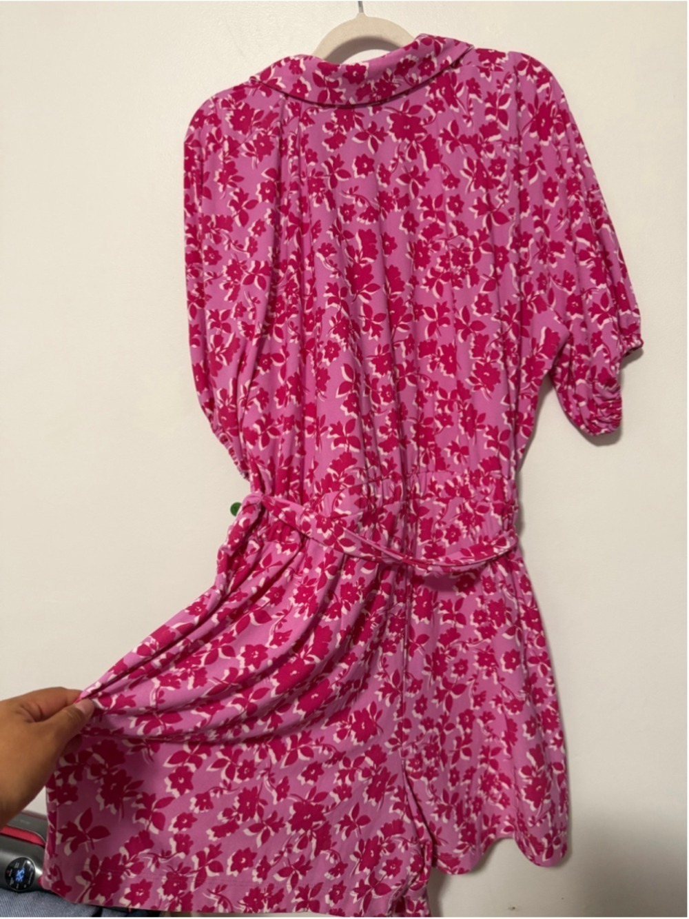 ELOQUII Elements Pink Floral Romper Size 18 Belted Collared Puff Sleeve Plus - Picture 3 of 5